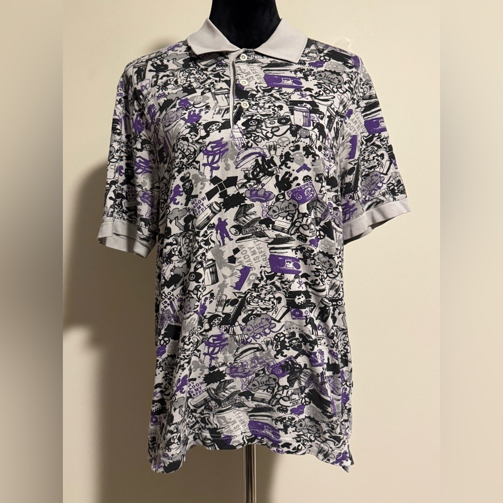 EUC Vurt Black and Purple Graffiti Skater Button Down Polo size medium